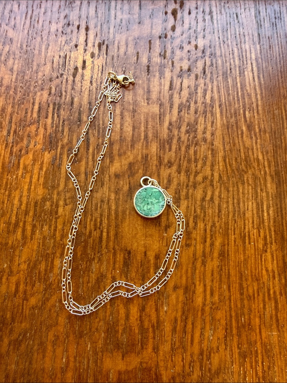 Silver Chain Necklace with Green Crushed Turquoise Pendant in Sterling Silver